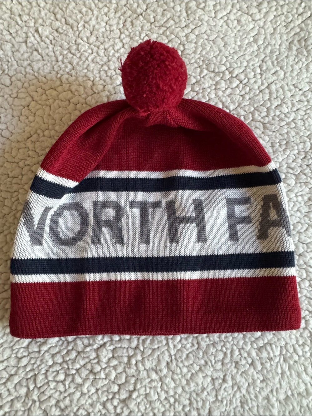 The North Face Red, White and Navy Pom Beanie
